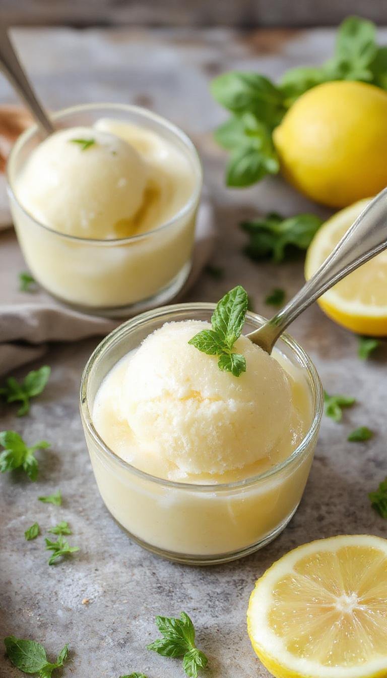 A vibrant scoop of lemon basil sorbet in a clear glass bowl, garnished with fresh basil leaves. The sorbet has a pale yellow hue with specks of green from basil, smooth and icy texture, and is presented on a rustic wooden table with a lemon wedge for garnish.