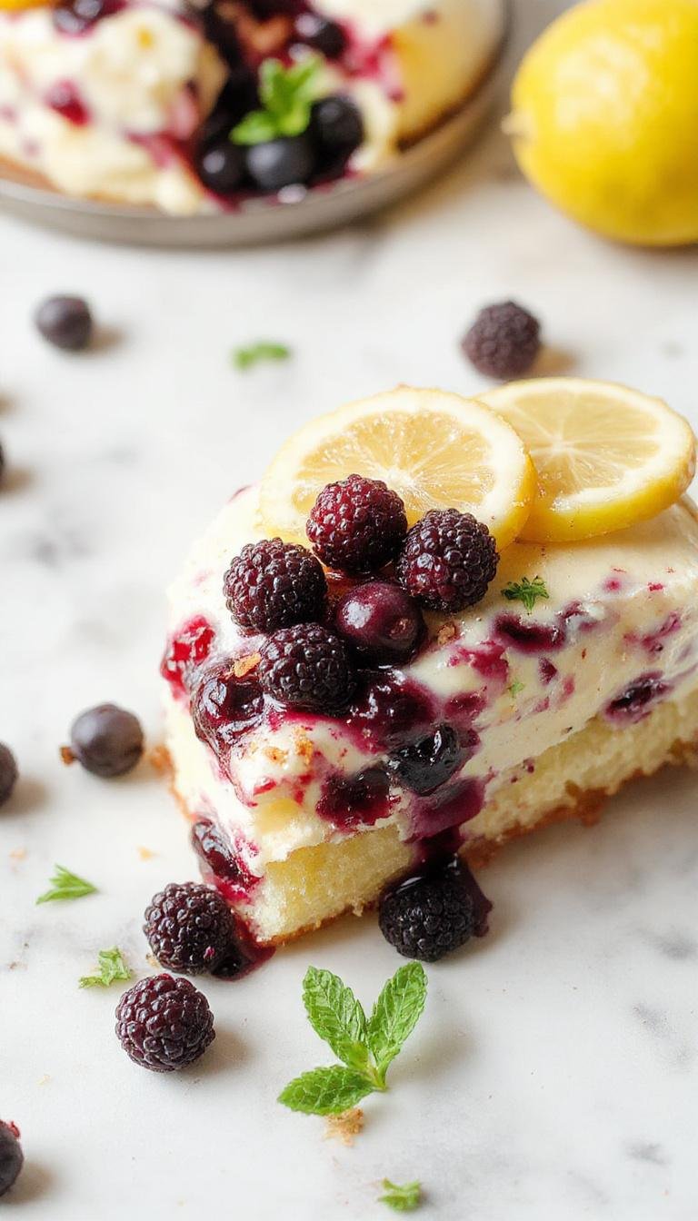 A slice of Lemon Blueberry Mousse Cake on a white plate, revealing three layers: a vibrant yellow lemon mousse top, a fresh blueberry filling in the middle, and a light sponge base. The cake is adorned with scattered blueberries and a lemon zest curl, with a glossy glaze adding sheen. The background is softly blurred, showcasing a summery table setting with natural lighting.