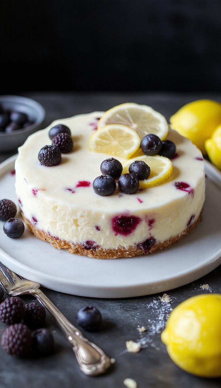 A close-up of a layered Lemon Blueberry Shortbread Mousse Cake, featuring a golden shortbread crust, a vibrant blueberry mousse filling, and a bright yellow lemon glaze on top. Fresh blueberries and lemon zest decorate the dessert, which is artfully sliced to reveal the creamy layers and textured crust.