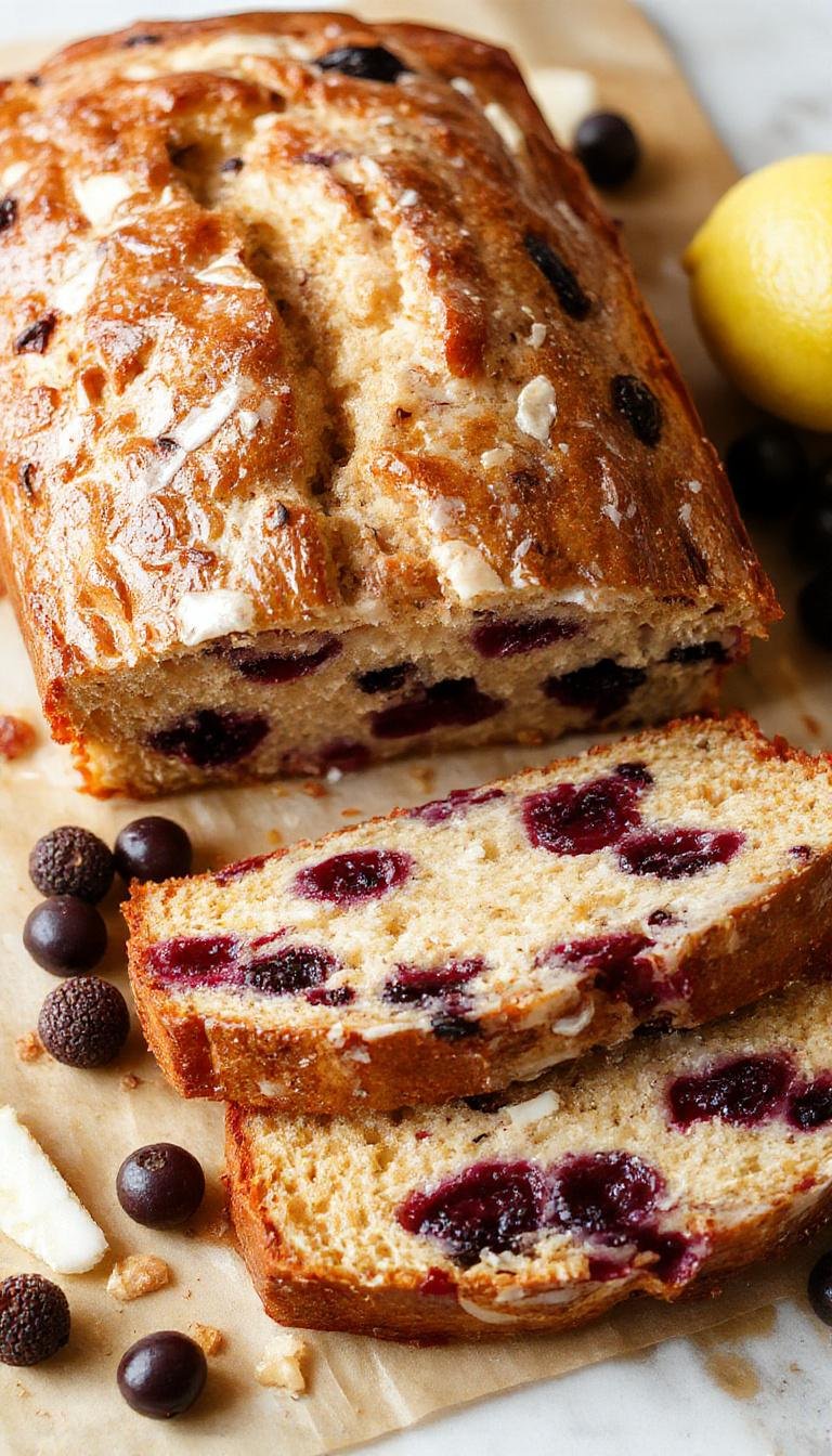 A golden-brown lemon blueberry yogurt loaf sliced to reveal a moist interior speckled with vibrant blueberries and yellow lemon zest. The loaf is placed on a rustic wooden board, garnished with fresh blueberries and lemon slices, with a light dusting of powdered sugar on top. The background shows a soft-focus kitchen scene with natural light highlighting the textures and colors.