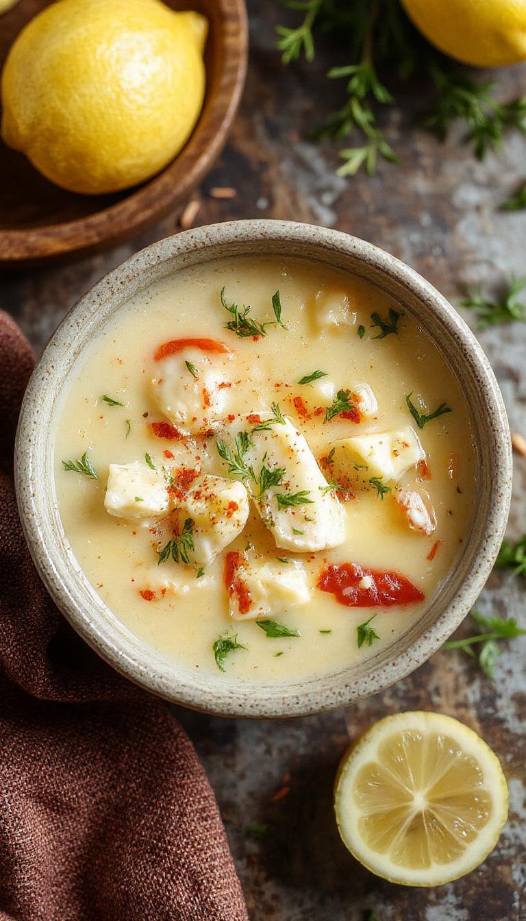 A steaming bowl of Lemon Chicken Gnocchi Soup featuring tender gnocchi, shredded chicken, bright yellow lemon slices, and fresh herbs in a creamy broth, garnished with a sprinkle of black pepper and parsley. The bowl is placed on a rustic wooden table with a side of toasted bread slices, inviting warmth and comfort.