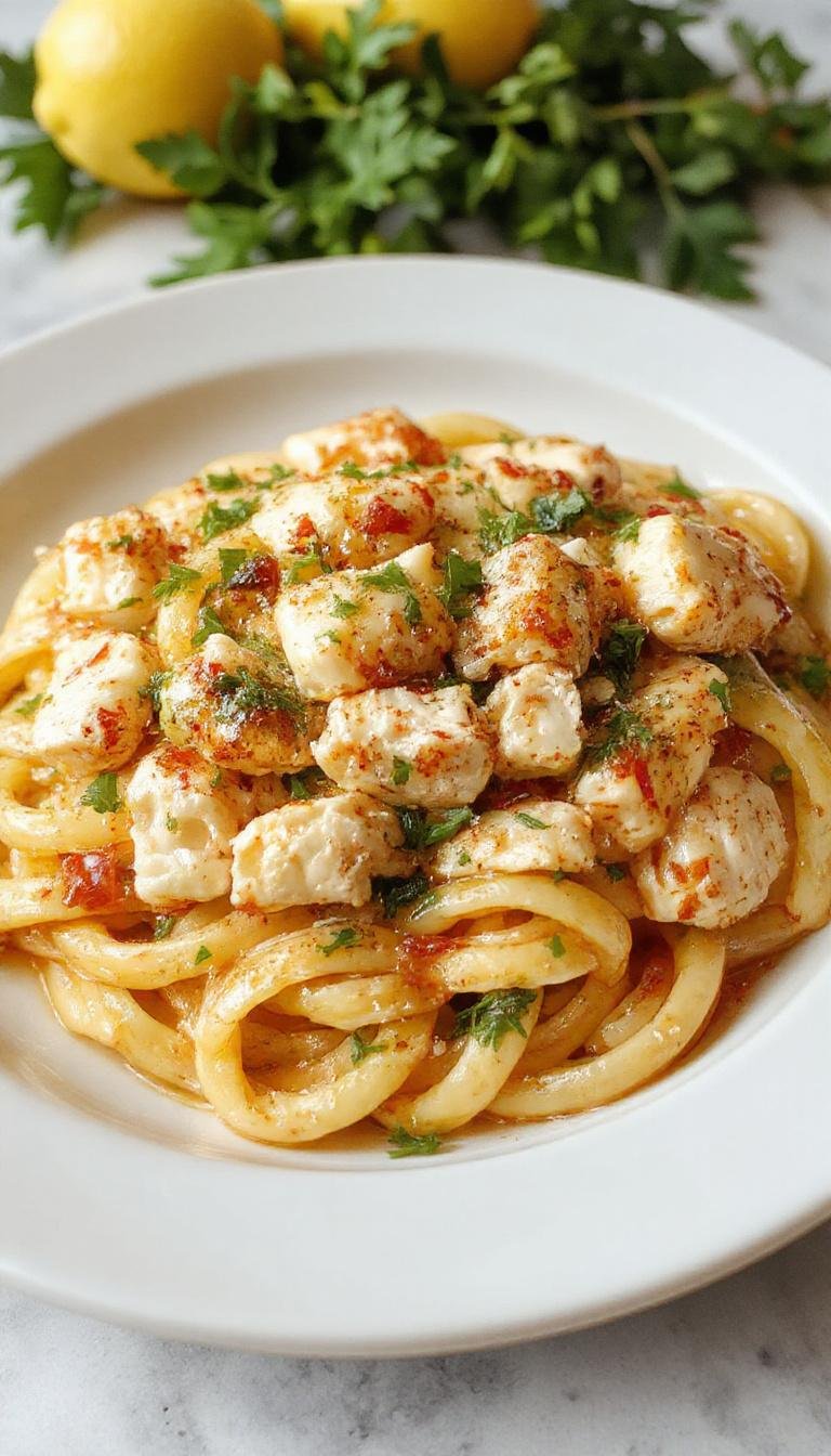 A vibrant plate of lemon chicken pasta featuring tender grilled chicken slices atop al dente spaghetti, garnished with fresh parsley and lemon zest, with a glossy lemon-infused sauce drizzling over the pasta, colorful lemon wedges on the side, all on a rustic wooden table.