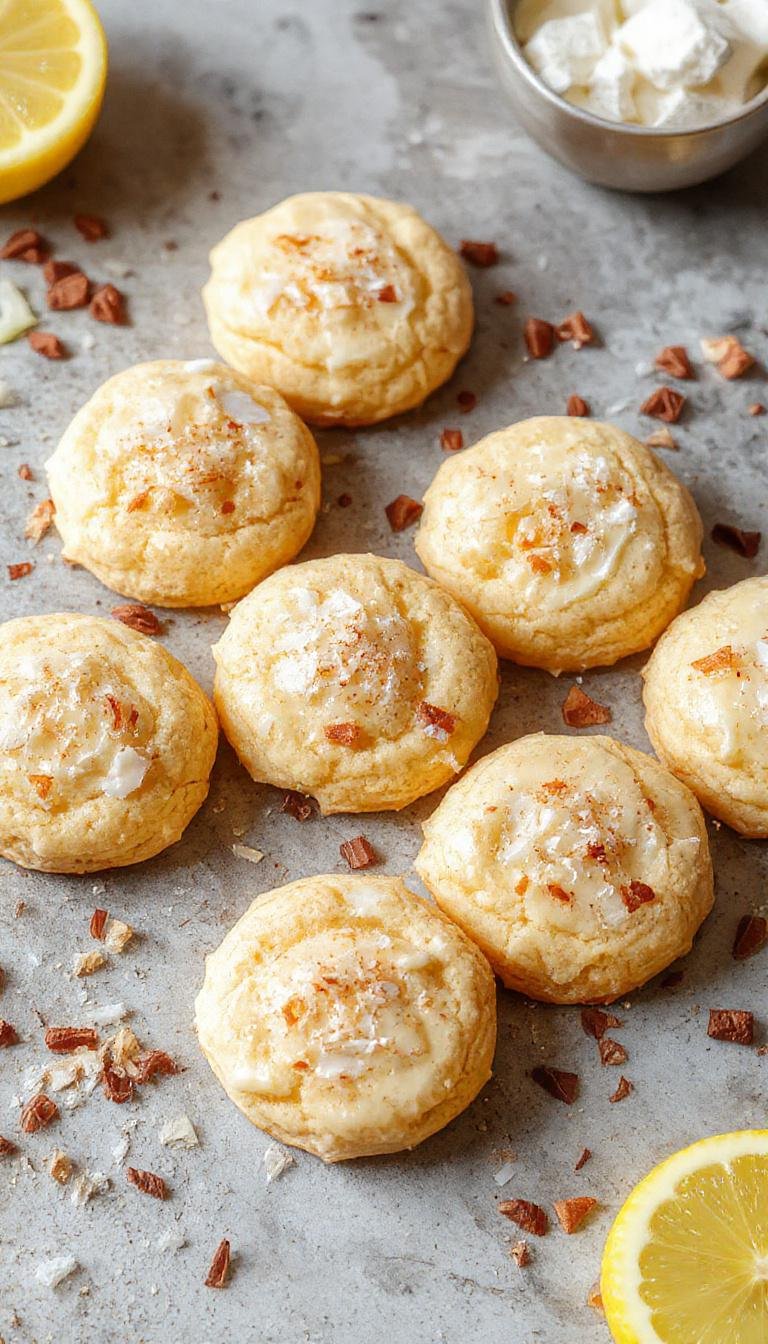 A close-up of two Lemon Coconut Cheesecake Cookies on a white plate. The cookies have a golden-brown edge with a light, airy top dotted with shredded coconut and lemon zest. The surface appears slightly cracked, revealing a creamy, lemon-colored filling inside. The background is softly blurred with a hint of fresh lemon slices and shredded coconut scattered nearby, enhancing the fresh, tropical vibe.