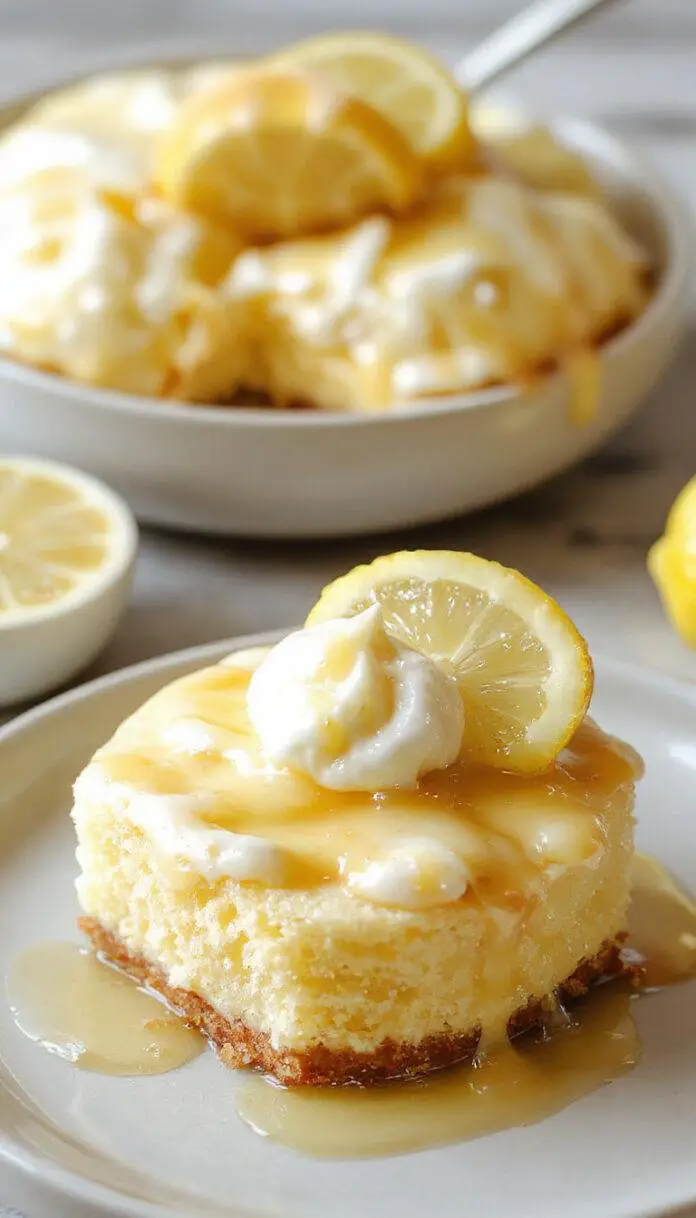 An elegant white plate featuring a vibrant lemon tart topped with a glossy lemon glaze and a dusting of powdered sugar, surrounded by fresh lemon slices and mint leaves. The tart's golden crust contrasts with the bright yellow filling, and it's garnished with delicate lemon zest curls. The background showcases a rustic wooden table with additional lemon desserts and a hint of green herbs, highlighting freshness and sophistication.