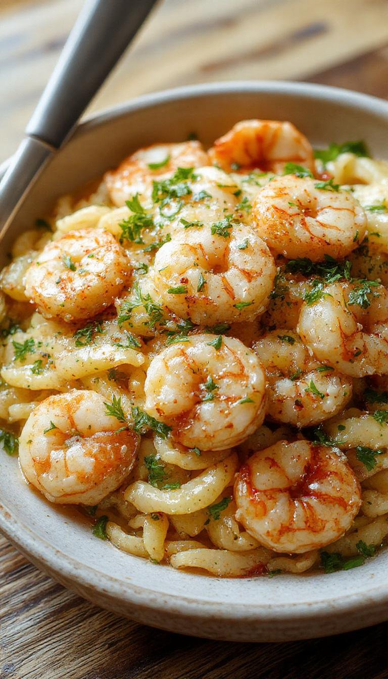 A vibrant plate of lemon garlic shrimp orzo featuring plump, juicy shrimp coated in a glossy lemon sauce atop tender orzo pasta, garnished with fresh parsley and lemon slices, all presented on a rustic white plate with a sprinkle of black pepper and herbs.