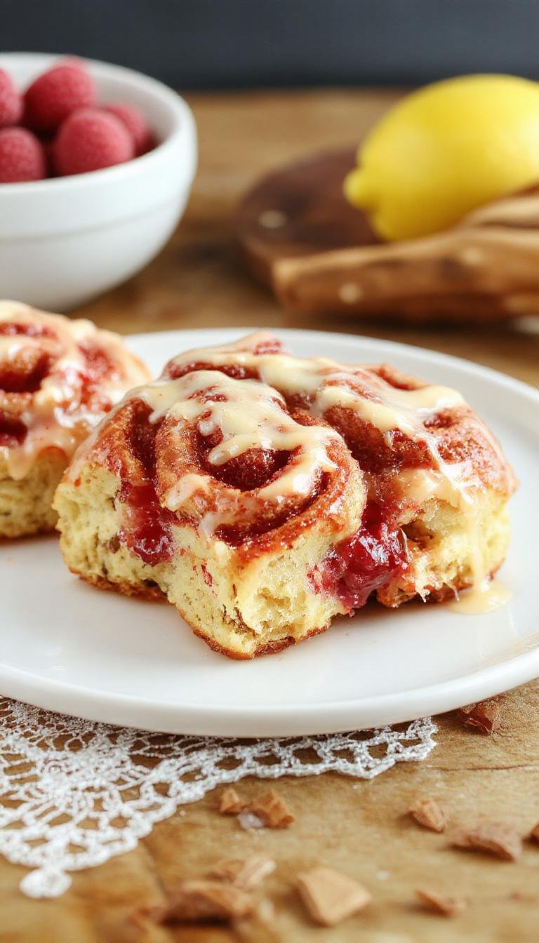A golden-brown raspberry cinnamon roll glazed with a glossy lemon glaze, topped with fresh raspberries and a dusting of powdered sugar on a white plate, with soft natural lighting highlighting the textures and vibrant colors.