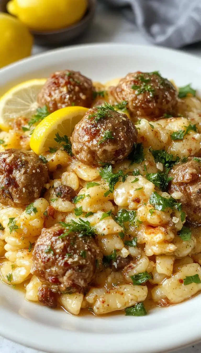 A vibrant plate featuring lemon orzo pasta garnished with fresh herbs, topped with golden-brown Greek meatballs, and lemon wedges on the side, set on a rustic wooden table. The dish is beautifully plated with a sprinkle of herbs, showcasing the colorful and textured ingredients.