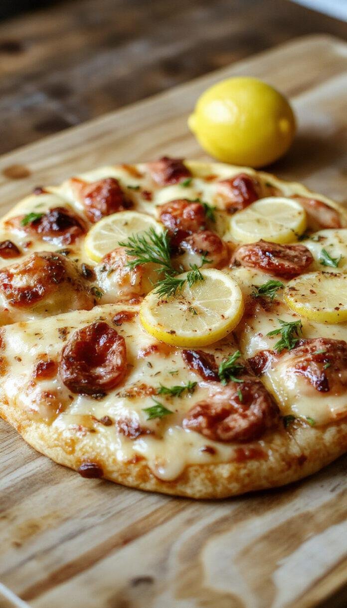 A golden-brown pizza topped with vibrant yellow lemon slices, fresh herbs, and melted cheese, arranged on a rustic wooden board with a zesty lemon garnish, showcasing a crispy crust and a burst of citrus flavors.