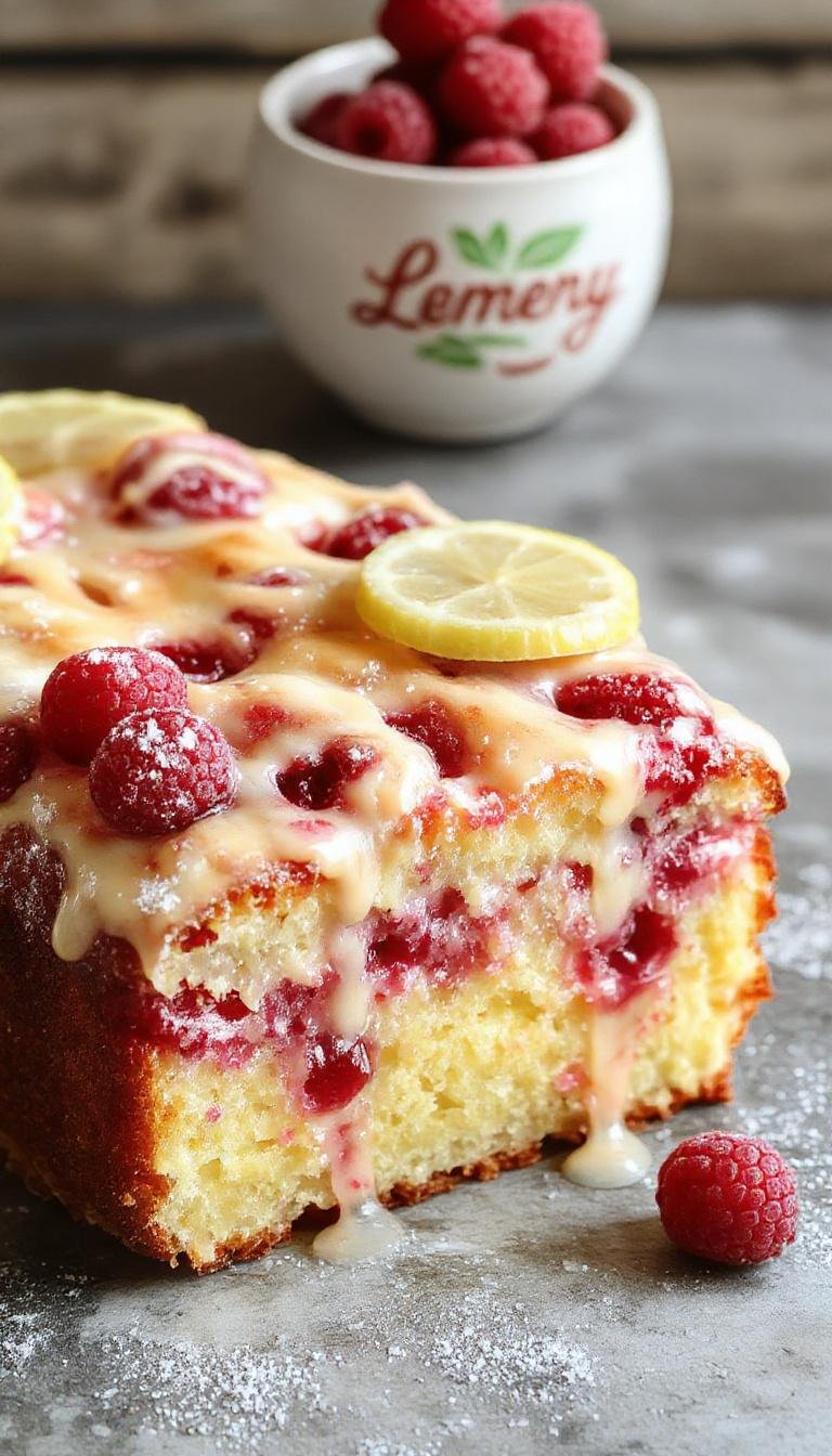 A beautifully layered lemon raspberry cake with a light lemon glaze on top, decorated with fresh raspberries and lemon zest. The cake is showcased on a white cake stand with a sliced piece revealing a moist, vibrant yellow crumb dotted with red raspberries, surrounded by a scattering of fresh berries and lemon slices.