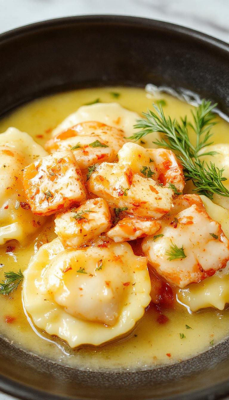 A close-up of golden lobster ravioli topped with a light lemon butter sauce, garnished with fresh herbs. The dish is elegantly plated on a white ceramic plate, with the ravioli arranged in a circular pattern and a drizzle of lemon sauce visible around the edges. The background features a rustic wooden table with subtle lighting highlighting the glossy texture of the ravioli and the vibrant yellow lemon butter sauce.