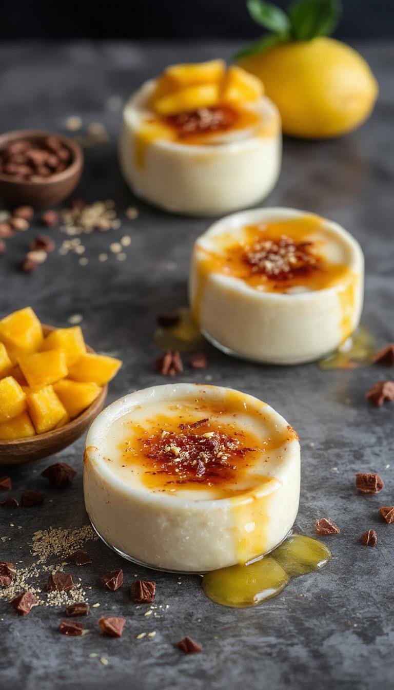 A close-up of a caramelized mango and cardamom crème brûlée served in a shallow, elegant ramekin. The top has a perfectly golden, crackly caramel crust with hints of orange and amber. Sliced mango pieces and a dusting of ground cardamom are visible beside the dessert, adding vibrant color and texture. The ramekin is set on a rustic wooden surface, with a sprig of fresh mint and a delicate spoon resting nearby for a refined presentation.