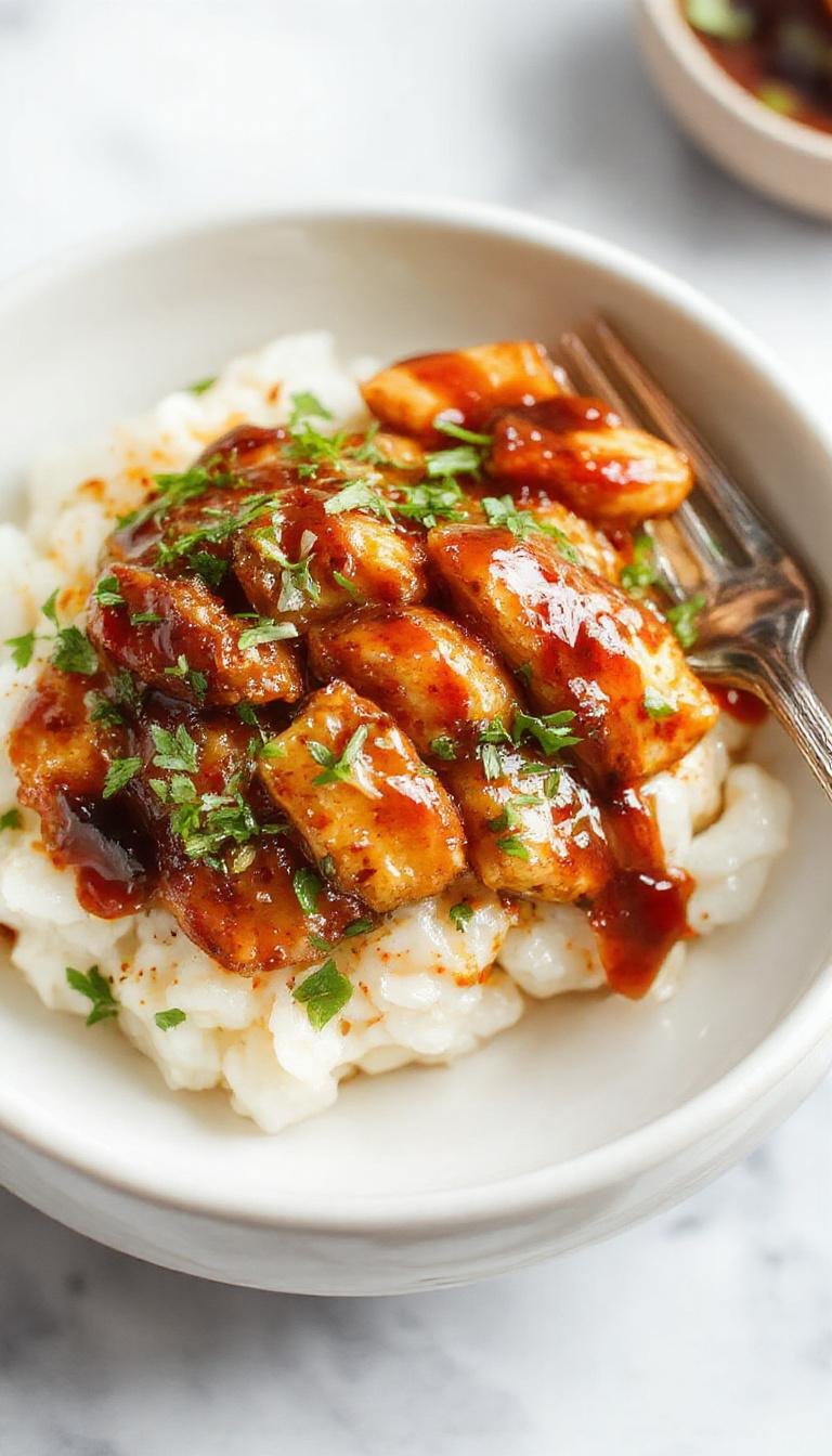 A plated dish featuring tender maple chicken glazed with a shiny, caramelized coating, garnished with fresh herbs. Accompanied by fluffy coconut rice with visible shredded coconut and a light drizzle of sauce, arranged on a modern white plate with vibrant, colorful vegetables on the side, highlighting a balance of textures and flavors.