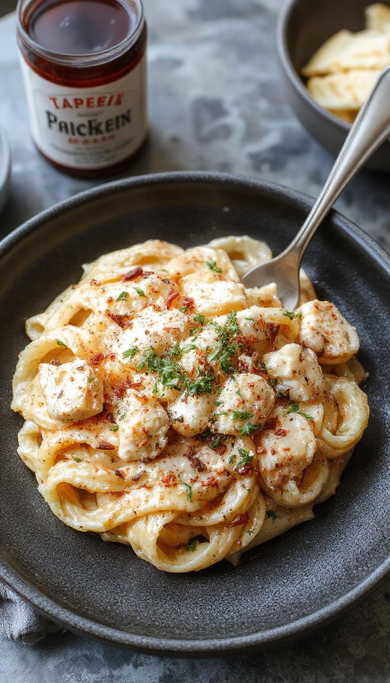 A close-up of a plated serve of marry me chicken pasta, featuring tender chicken pieces topped with a creamy sauce and garnished with fresh herbs, served over al dente pasta, with a background of rustic wooden table, soft natural lighting highlighting the glossy sauce and vibrant green garnish.