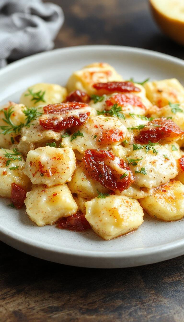 A close-up of a white plate filled with fluffy gnocchi coated in a vibrant red sun-dried tomato cream sauce, garnished with fresh basil leaves. The dish is artfully arranged with some sauce drizzled around the edges, highlighting the rich texture and inviting color contrast between the creamy sauce and the soft gnocchi.