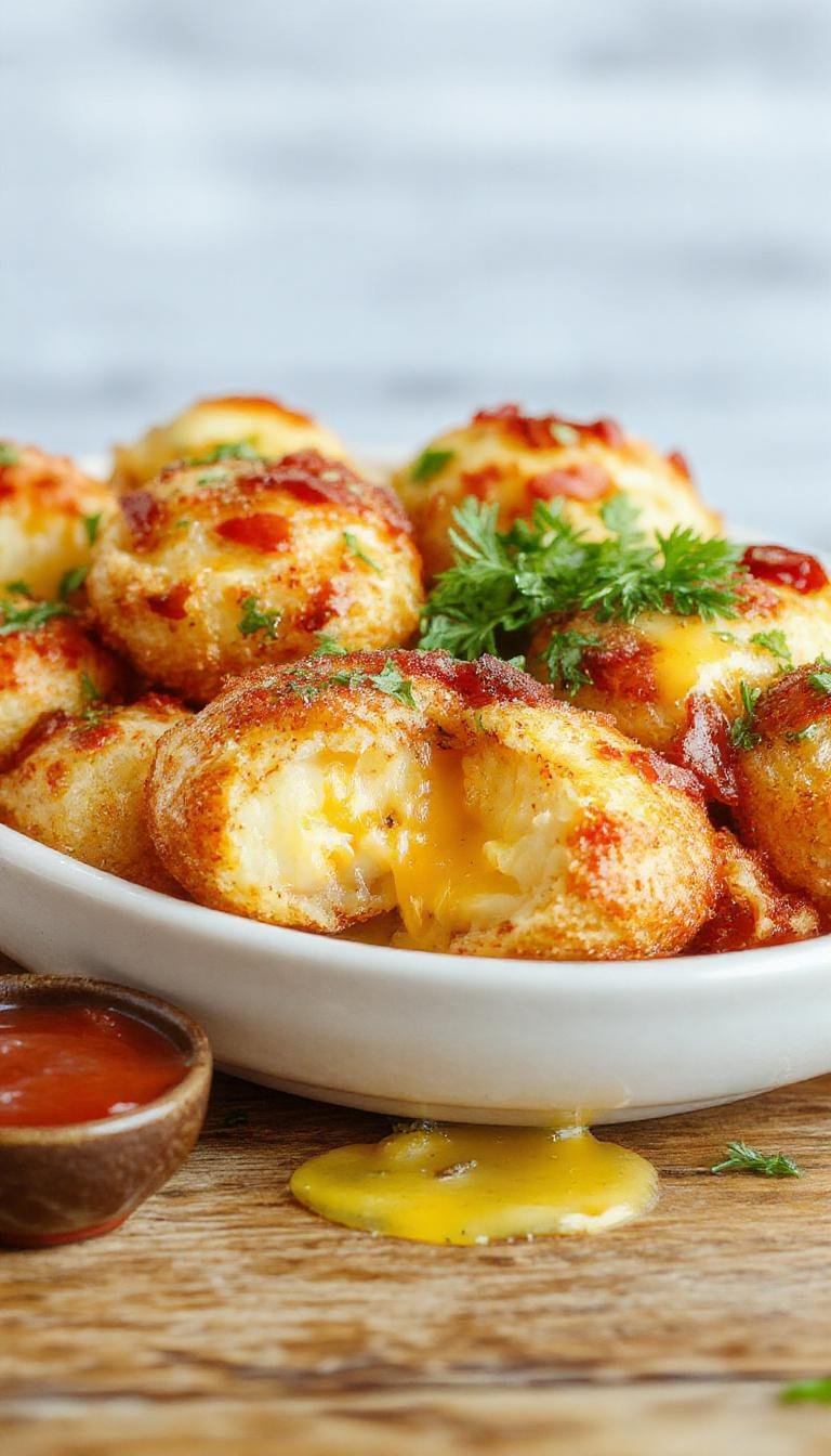 Golden-brown mashed potato cheese puffs arranged on a white plate with a crispy exterior and melted cheese visible at the edges, garnished with fresh herbs, contrasting textures between the crunchy outside and soft inside.