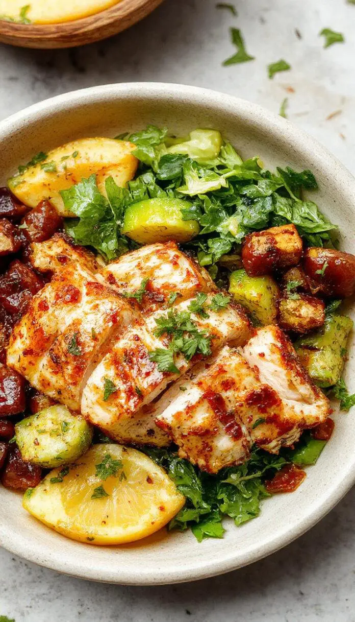 A vibrant Mediterranean chicken bowl featuring grilled chicken slices atop fluffy rice, garnished with cherry tomatoes, cucumber slices, kalamata olives, and a sprinkle of fresh herbs. The bowl is colorful with reds, greens, and golden hues, presented on a rustic white plate with a drizzle of olive oil and lemon wedges nearby.