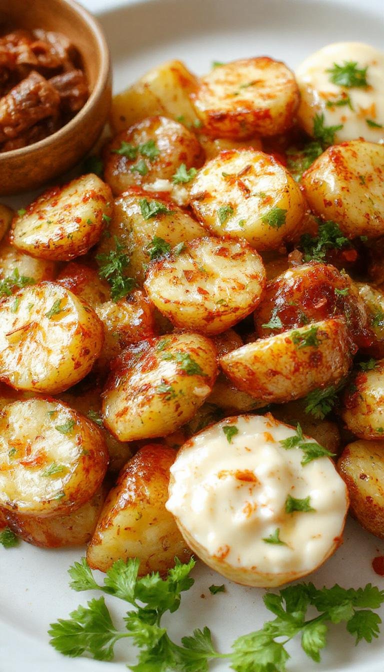 A vibrant plate of Mexican potatoes featuring crispy roasted potato chunks coated in reddish-orange spices, garnished with fresh cilantro, and served alongside lime wedges, creating an inviting and colorful presentation.