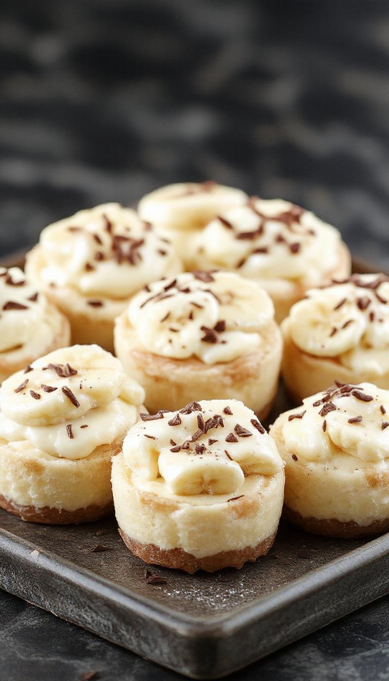 A close-up of several mini banana cream pies arranged on a white platter. Each pie features a golden graham cracker crust filled with creamy banana filling, topped with swirls of whipped cream and garnished with banana slices and a sprinkle of crushed cookies. The pies are presented with a rustic yet elegant look, highlighting their smooth textures and fresh toppings.