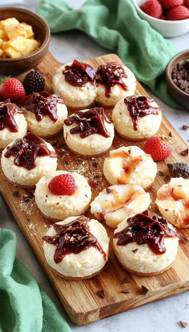 A beautifully arranged mini cheesecake platter featuring assorted cheesecakes topped with fresh berries, chocolate shavings, and colorful fruit slices. The cheesecakes are displayed on a rustic wooden board with garnishes of mint leaves, providing a vibrant and inviting appearance. The textures range from creamy and smooth to crisp crusts, with a variety of toppings adding color and contrast.