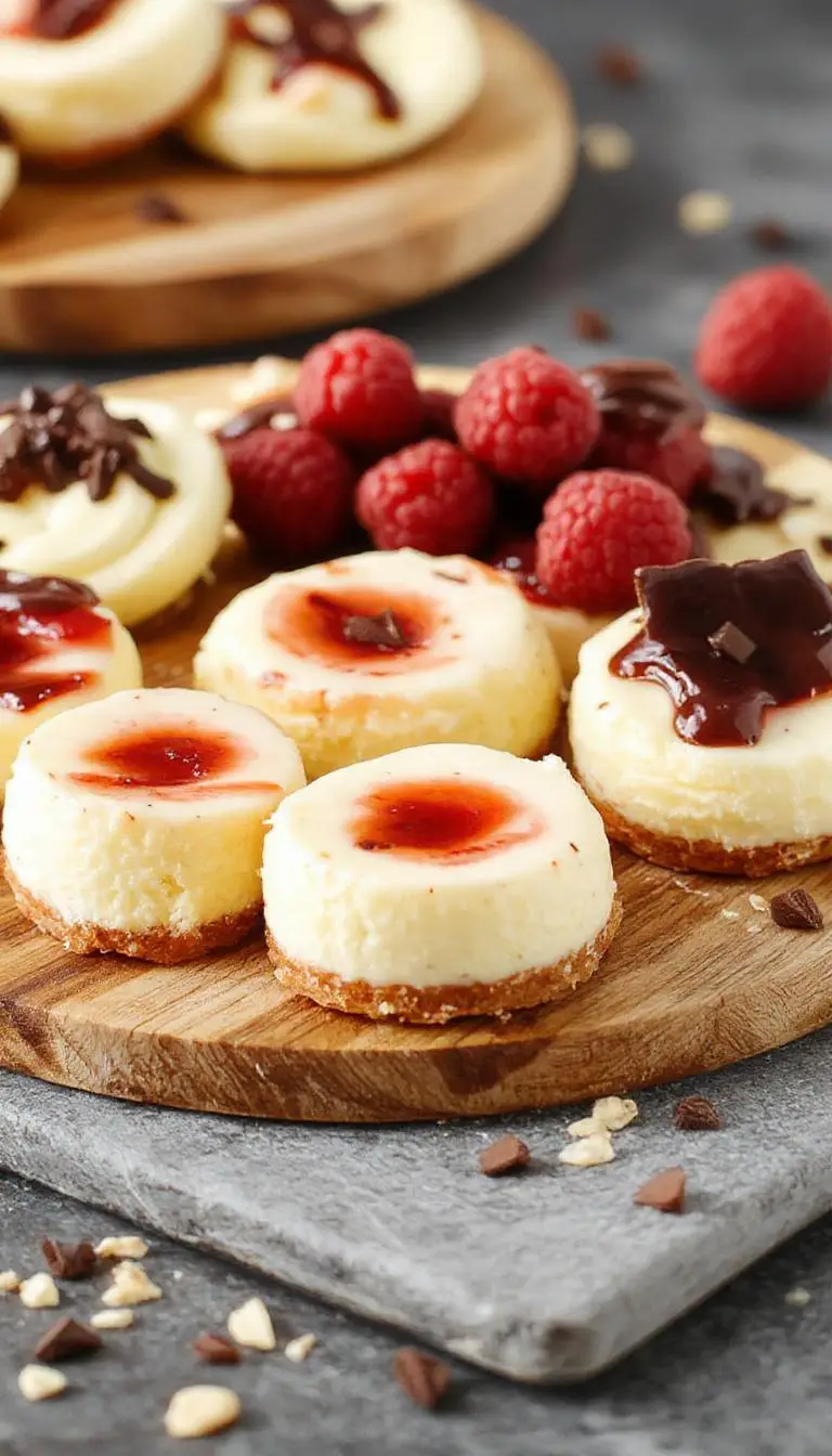 A vibrant mini cheesecake board featuring assorted small cheesecakes with varied toppings like fresh berries, chocolate drizzles, and fruit slices, artfully arranged on a wooden serving board with decorative garnishes and colorful accents.