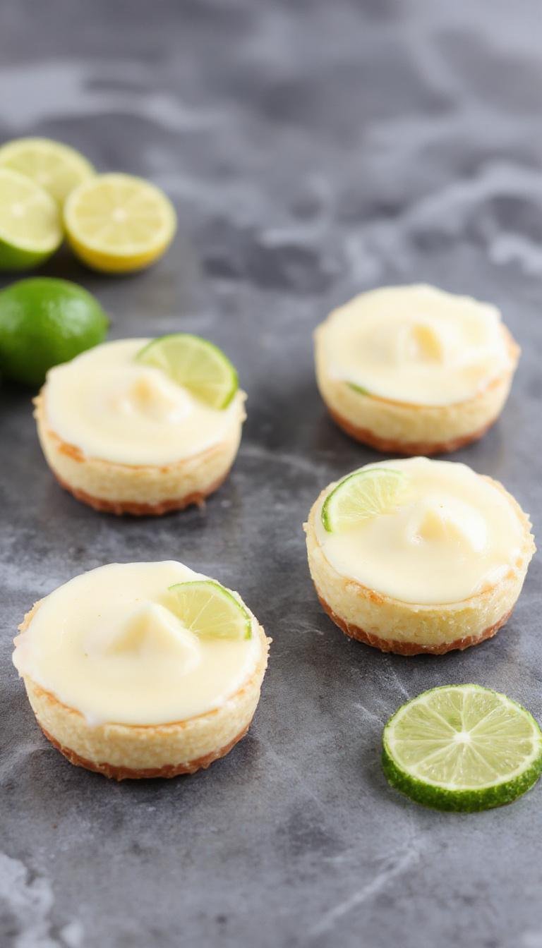 A close-up of a small glass jar filled with vibrant green mini key lime pies topped with a dollop of whipped cream and lime zest, arranged on a rustic wooden surface with fresh limes in the background. The pies have a crumbly graham cracker crust visible through the glass, with smooth, glossy key lime filling and a garnish of lime slices.