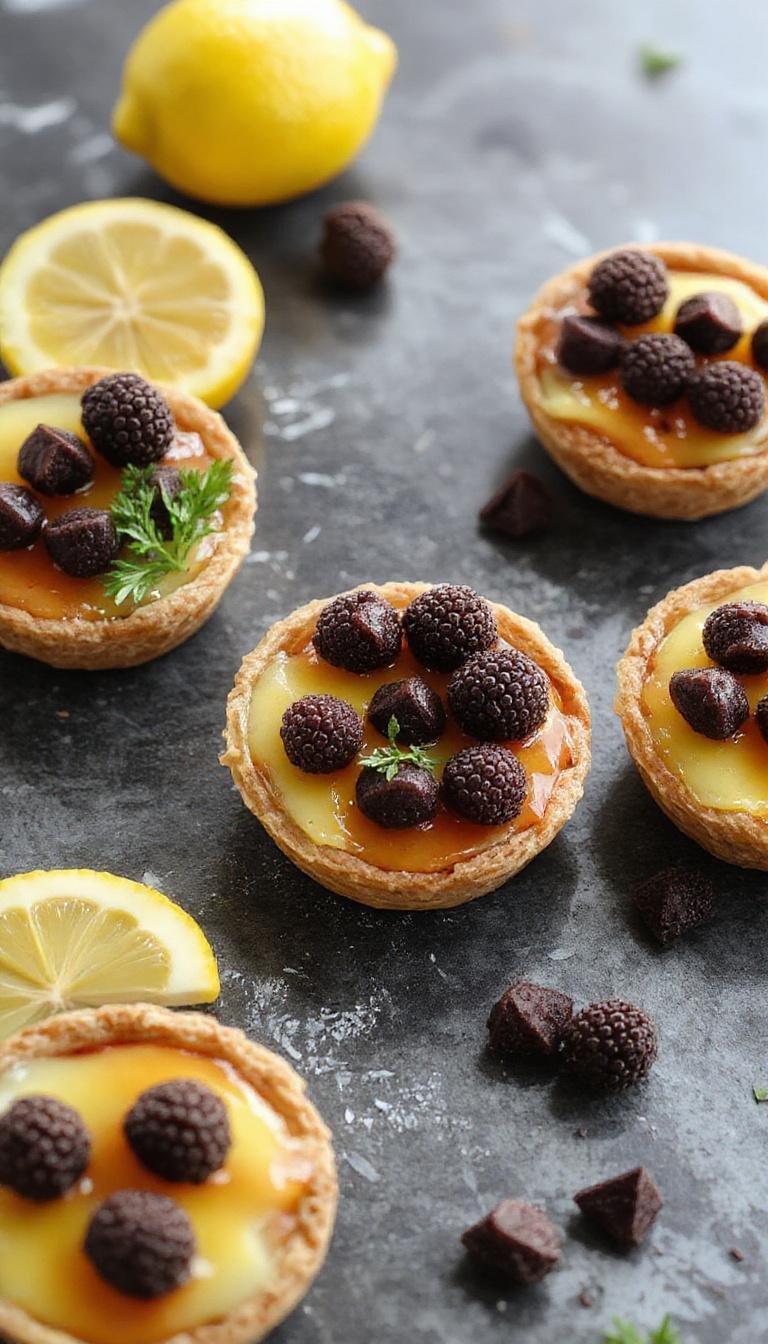 A close-up of several small, round lemon tarts with golden-brown crusts filled with vibrant yellow lemon custard. The tarts are garnished with thin lemon slices and mint leaves, arranged on a rustic wooden platter, with a soft focus background highlighting their bright colors and glossy finish.