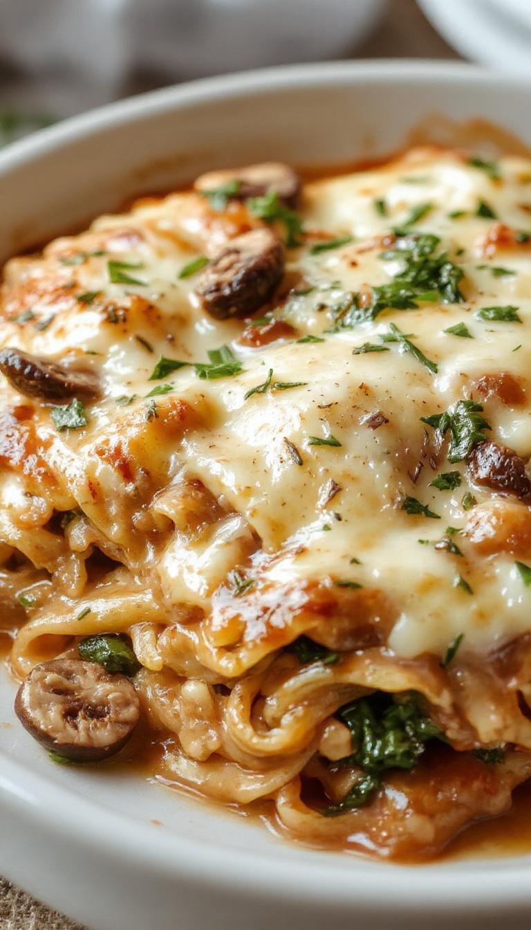 A layered vegetarian lasagna on a white plate, featuring golden browned cheese on top, with visible layers of spinach, mushrooms, and pasta, garnished with fresh herbs around the edges. The dish has a rich, inviting appearance with slightly crispy edges and a melty, bubbly surface.