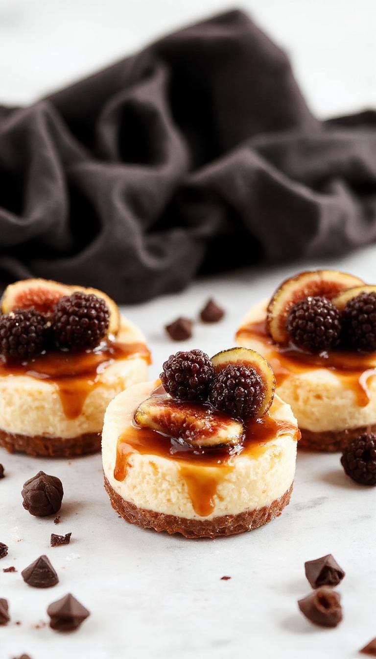 A close-up of three small, round mini cheesecakes with a creamy white filling, topped with a drizzle of salted caramel, fresh blackberries, and sliced figs, all arranged on a elegant white plate with a garnish of mint leaves. The smooth texture of the cheesecakes contrasts with the glossy caramel and the vibrant fruits, creating an appealing and colorful presentation.