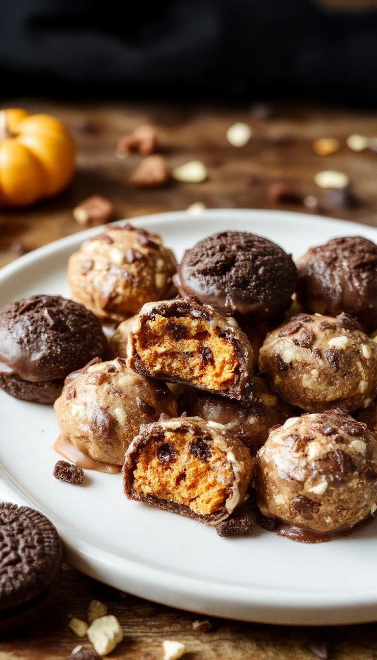 A close-up of no-bake pumpkin Oreo truffles placed on a rustic wooden platter. The truffles are coated in orange-colored candy melts with crushed Oreo crumbs sprinkled on top, garnished with a small sprig of fresh mint. In the background, there are a few whole Oreos and a pumpkin-shaped ceramic dish, creating a cozy autumnal setting.
