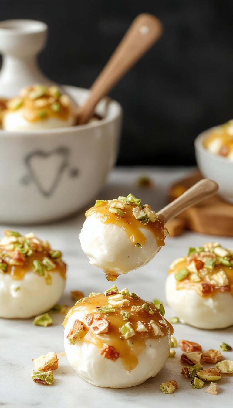 A close-up view of no-bake ricotta pistachio honey bites arranged on a rustic wooden platter. The bites are small, creamy white spheres topped with chopped green pistachios and a drizzle of honey, showcasing their smooth texture and vibrant toppings. The background is softly blurred, highlighting the fresh, inviting appearance of the treats.
