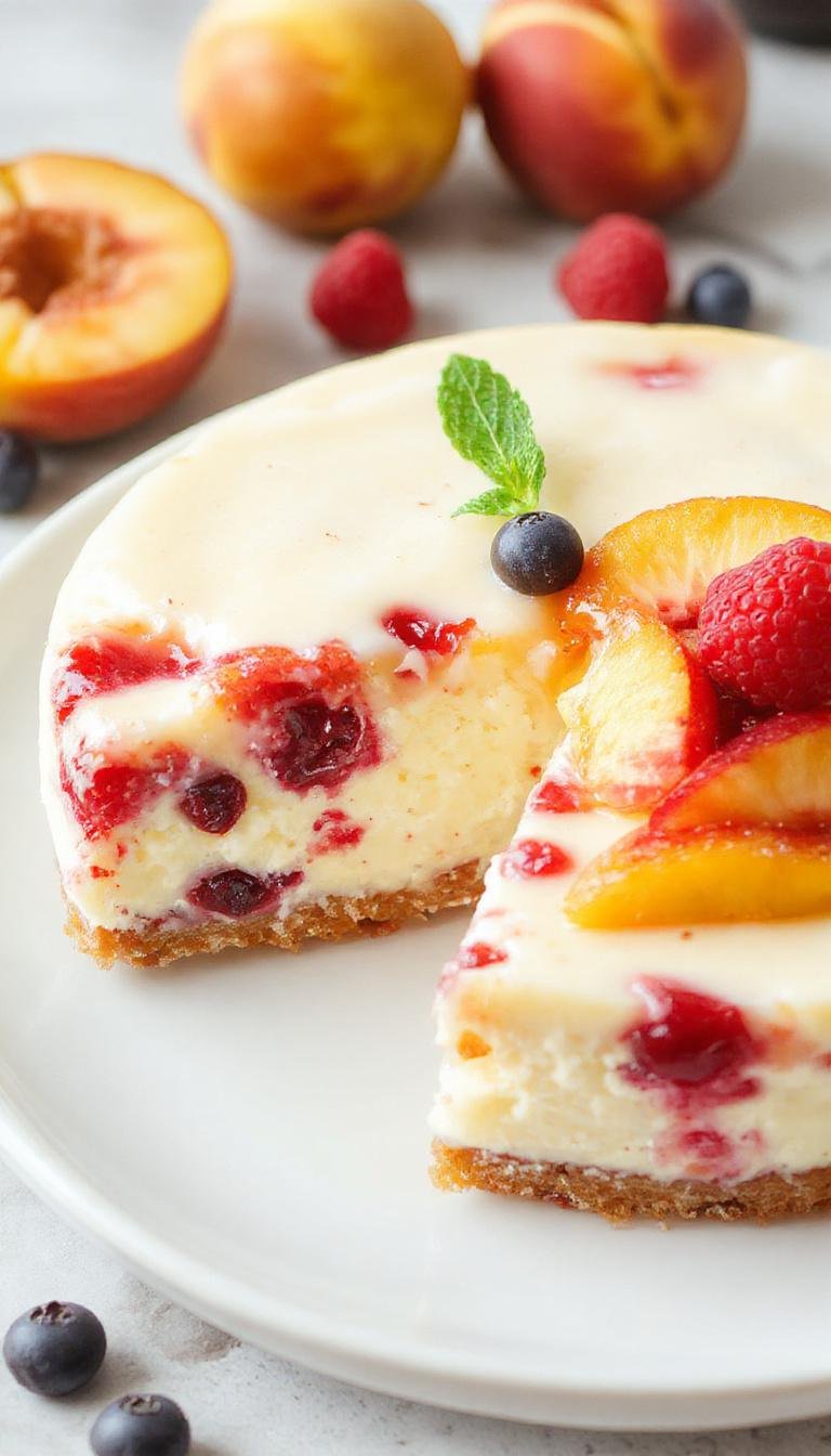 A vibrant cheesecake topped with a colorful array of fresh summer berries like strawberries, blueberries, and raspberries, alongside peach slices. The cheesecake is creamy with a smooth surface, garnished with a sprig of mint. It is presented on a white plate with a rustic wooden background, highlighting the fresh fruit and inviting texture.