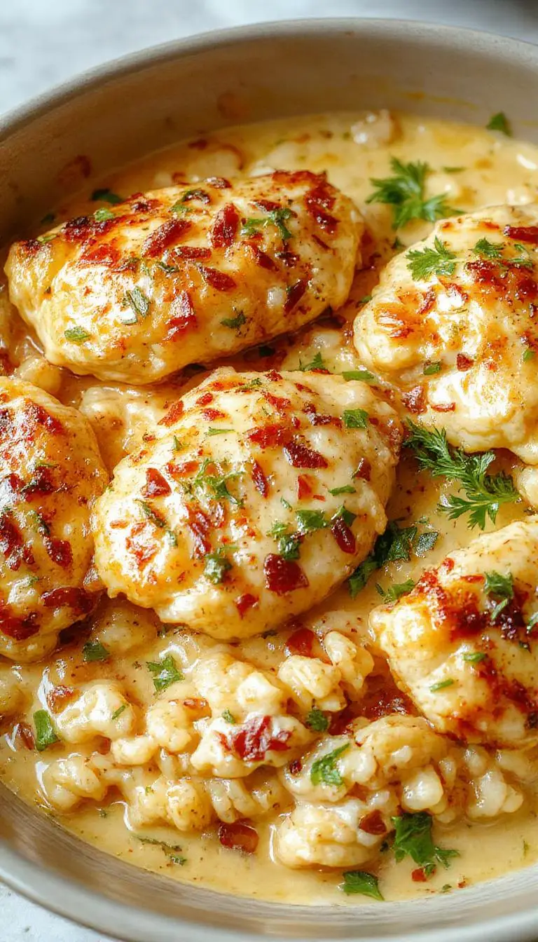 A close-up of a hearty plate featuring tender, golden-brown chicken smothered in a creamy sauce, resting atop fluffy rice with hints of herbs garnishing the dish, all presented on a rustic white plate.