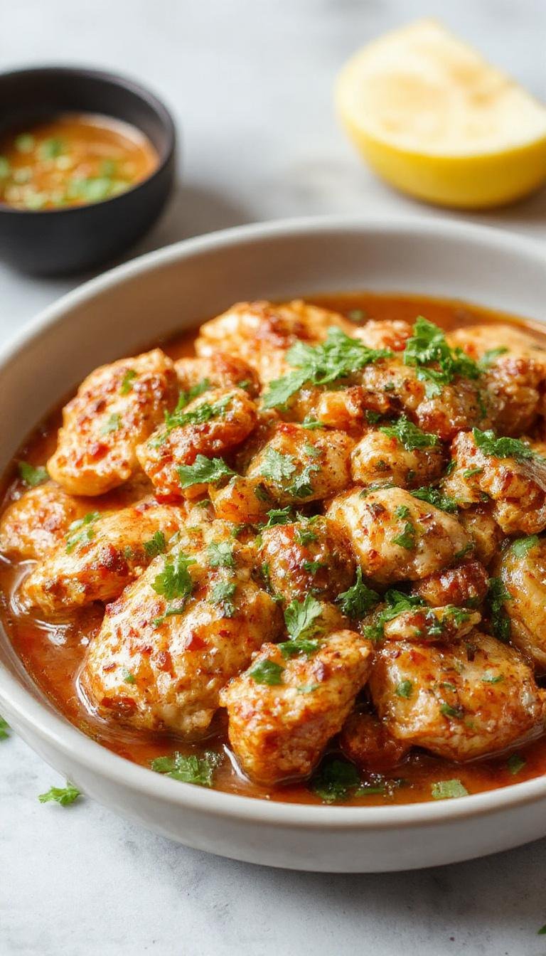 A rustic white bowl holds tender Moroccan chicken pieces coated in rich, spiced sauce, surrounded by vibrant orange carrots, green herbs, and toasted almonds, all presented on a dark wooden surface with a sprinkle of fresh herbs on top.