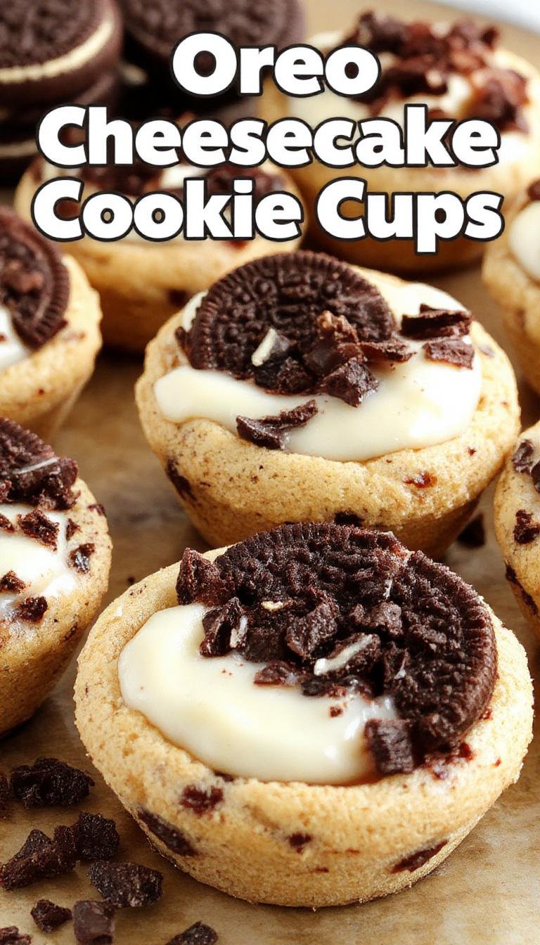 A close-up of Oreo cheesecake cookie cups arranged on a white plate. The cups have a golden-brown cookie exterior, topped with a creamy, smooth cheesecake filling and garnished with crushed Oreos and a cherry. The background features a rustic wooden table, with some Oreo cookies scattered around, emphasizing a homemade, inviting presentation.
