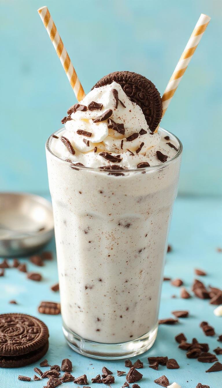 A tall glass filled with a thick, creamy Oreo milkshake, topped with whipped cream and crumbled Oreo cookies. The rich, chocolate and vanilla swirl is visible through the glass, with a straw and a few whole Oreos on the side. The background features a rustic wooden surface with scattered cookie pieces, emphasizing a delicious, indulgent dessert.