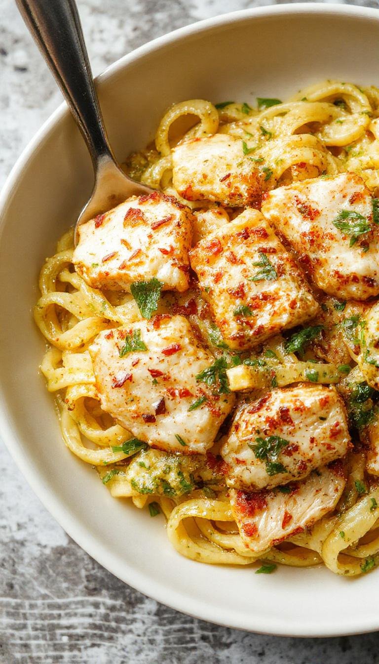 A bowl of parmesan chicken pesto pasta showcasing spiral-shaped pasta coated in vibrant green pesto sauce, topped with crispy golden-brown chicken pieces and sprinkled with grated parmesan, all garnished with fresh basil leaves.