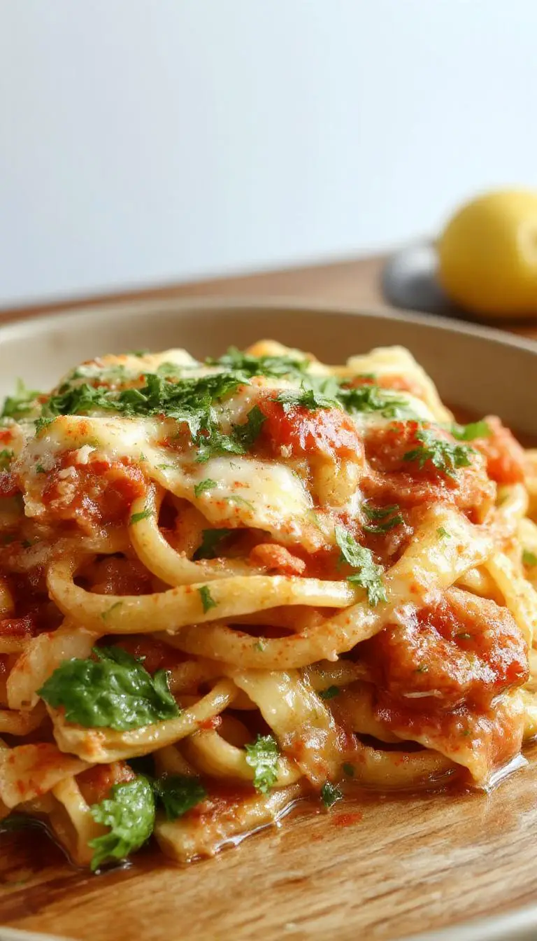 A steaming plate of Pasta alla Sorrentina featuring golden baked pasta topped with melted mozzarella cheese, garnished with fresh basil leaves. The dish is presented in a rustic white bowl, showcasing the rich tomato sauce and gooey cheese with crispy edges, set against a wooden table background.