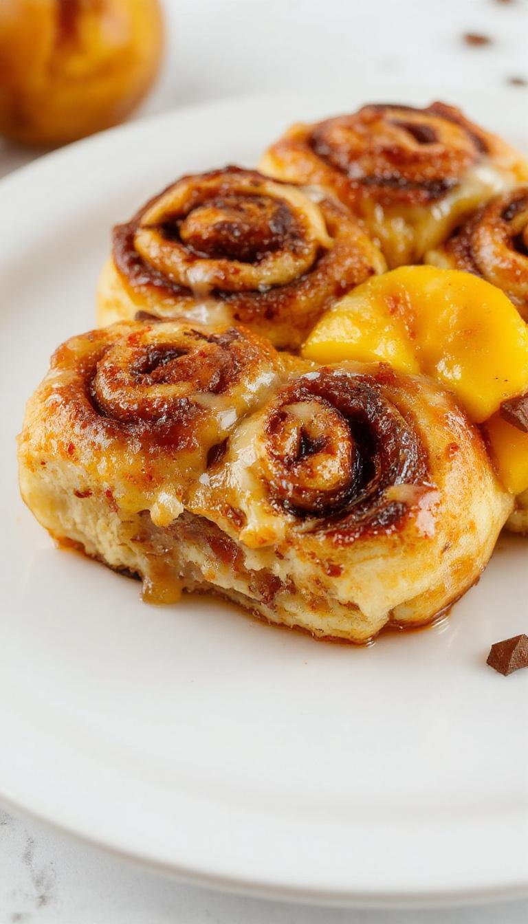 A close-up of freshly baked peach cobbler cinnamon rolls arranged on a rustic wooden board. The rolls have a golden-brown crust topped with a drizzle of glaze, revealing glimpses of juicy peach filling inside. Their swirled layers are visible, with hints of cinnamon and peach peeking through, creating an inviting and warm presentation.