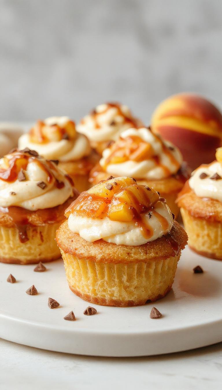 A tray of peach cream cheese cupcakes with golden-brown tops, topped with a swirl of creamy white frosting and small peach slices as garnish, arranged on a rustic wooden surface with a few fresh peaches nearby.
