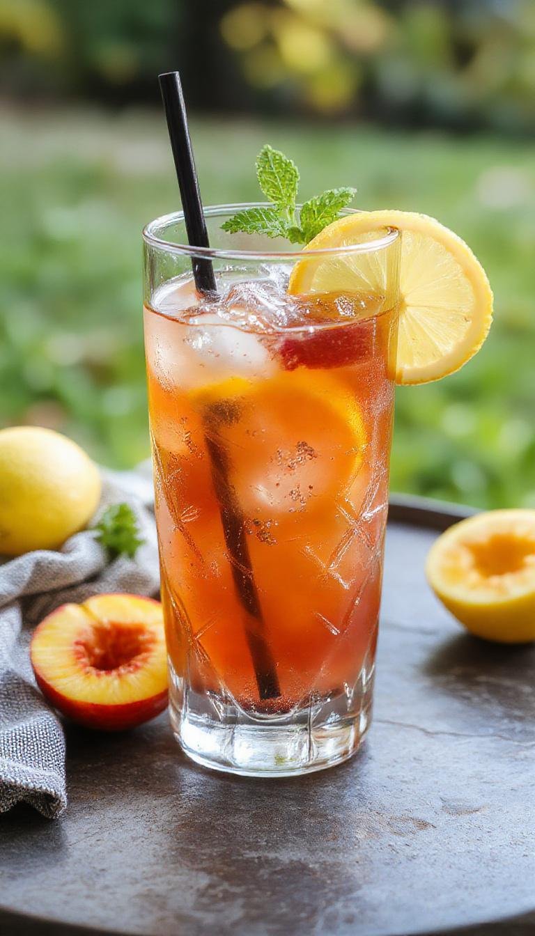 A tall glass of peach lemonade garnished with fresh peach slices and a sprig of mint, with condensation on the exterior, served on a wooden surface with a yellow straw. The drink has a vibrant orange-peach hue, and the background features soft sunlight, evoking a summery, refreshing vibe.