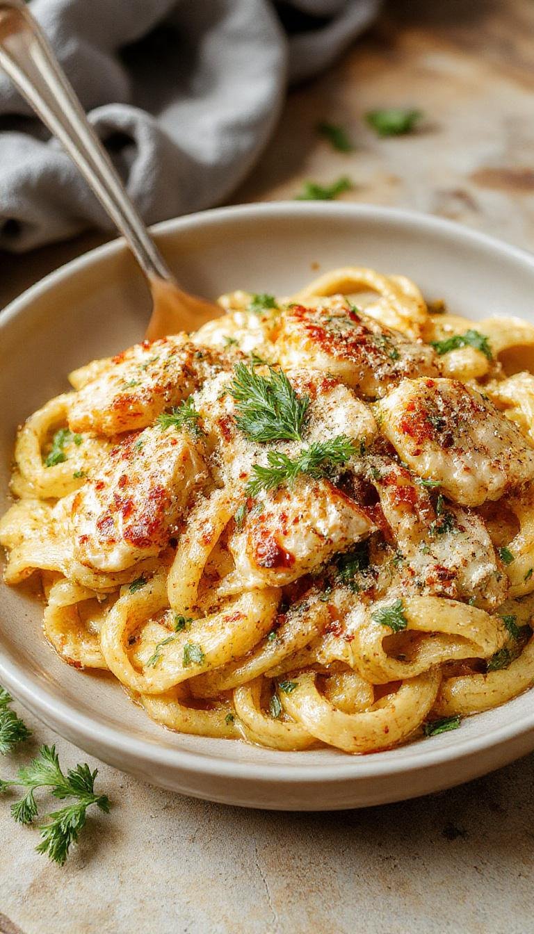 A close-up of a serving of parmesan chicken pesto pasta on a white plate, featuring golden grilled chicken strips atop a bed of vibrant green pesto-coated pasta, garnished with grated parmesan and fresh basil leaves, with a drizzle of olive oil and a sprinkle of black pepper.