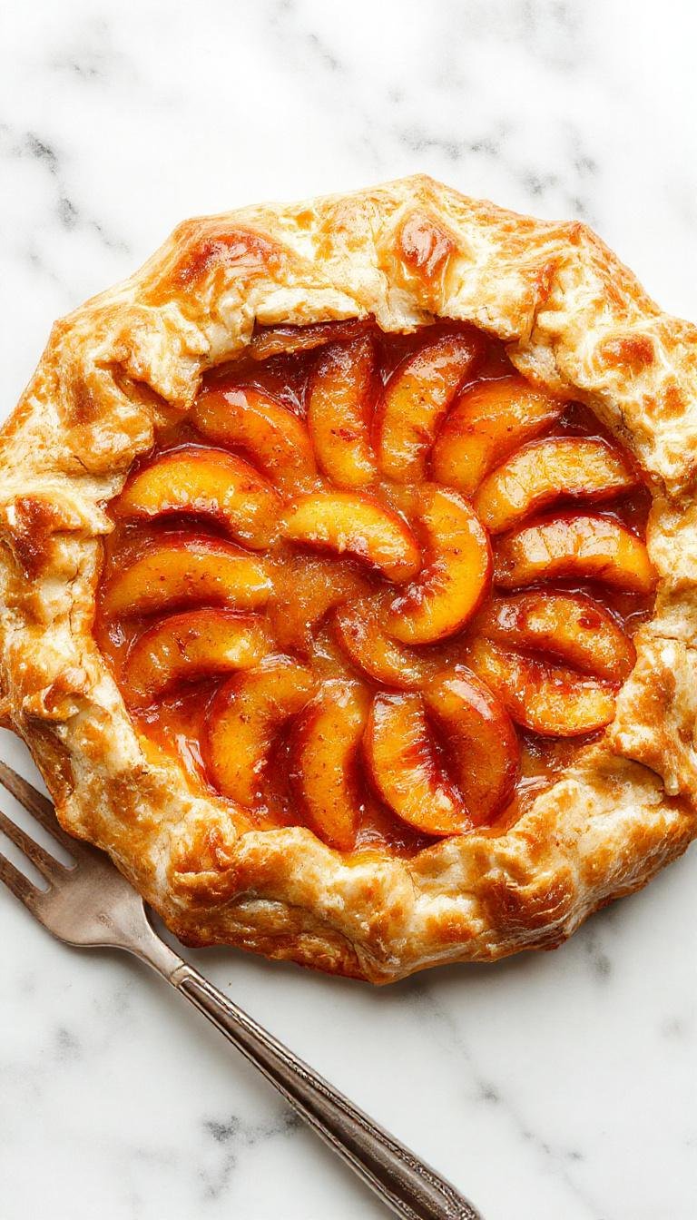 A rustic peach galette featuring golden-brown flaky crust arranged with sliced ripe peaches in the center, drizzled with a glaze, and garnished with fresh mint leaves, presented on a white wooden platter with a dusting of powdered sugar.