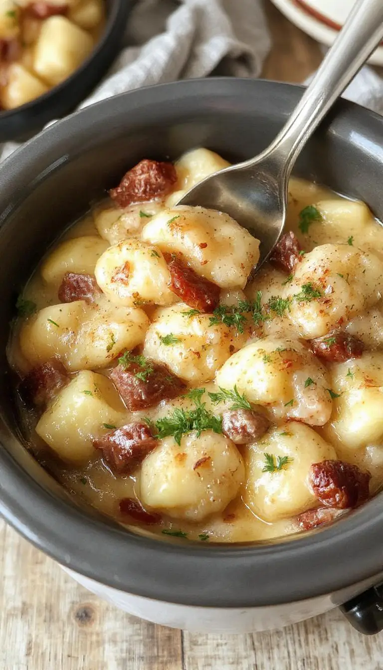 A hearty pierogi casserole in a rustic white baking dish, topped with crispy browned kielbasa slices and a sprinkle of fresh herbs. The dish is steaming, showcasing golden-brown pierogis nestled among sliced kielbasa, with melted cheese bubbling on top. The background features a cozy kitchen setting with warm lighting highlighting the comforting meal.