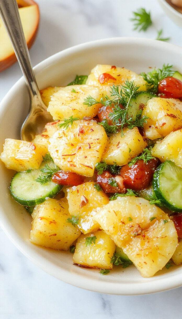 A vibrant bowl of pineapple cucumber salad showcasing bright yellow pineapple chunks and crisp green cucumber slices, garnished with fresh mint leaves, arranged in an elegant white ceramic dish on a rustic wooden table, with a light drizzle of dressing visible on the ingredients.