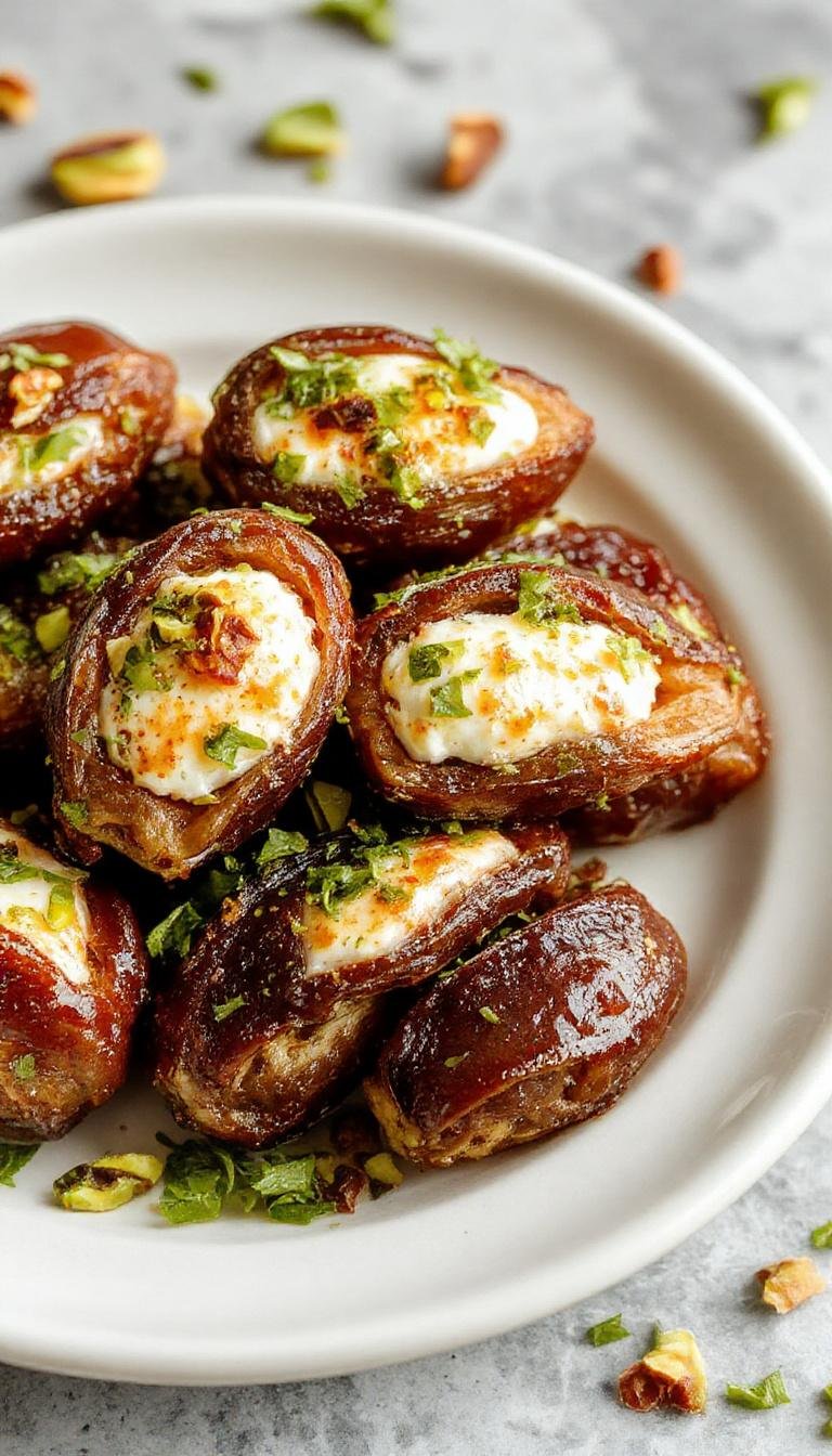 A close-up of sleek, glossy medjool dates filled with creamy pistachio ricotta mixture, topped with crushed pistachios. The stuffed dates are arranged on a rustic white plate, showcasing their rich dark brown exterior contrasted with the vibrant green of the pistachio filling and garnish.
