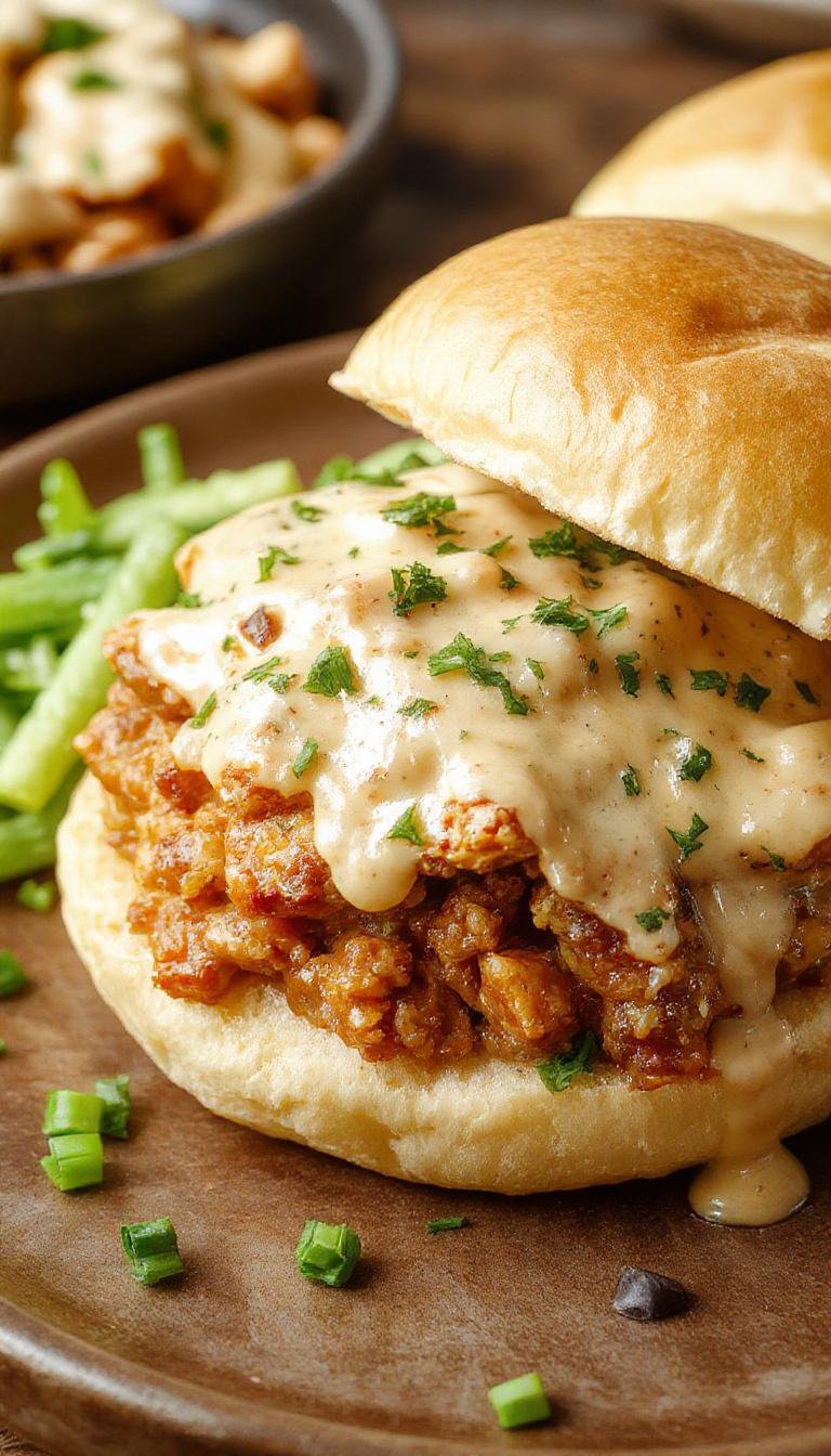 A close-up of a toasted bun filled with creamy chicken alfredo sloppy joe mixture topped with a sprinkle of chopped parsley, drippings of creamy sauce visible, served on a rustic wooden plate.