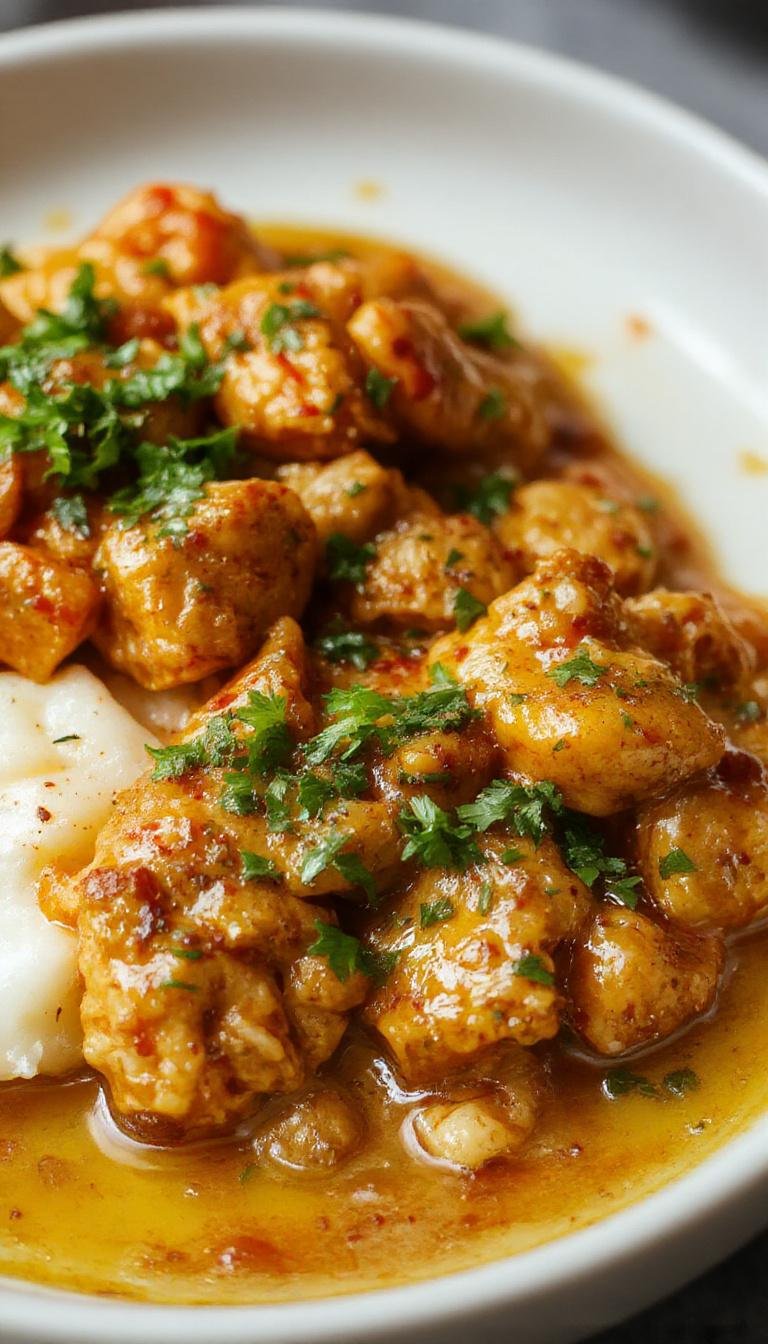 A vibrant plate of homemade butter chicken featuring tender, golden-brown chicken pieces smothered in a rich, velvety tomato-based sauce. The dish is garnished with a drizzle of fresh cream and chopped cilantro, served alongside fluffy basmati rice and a side of naan bread. The presentation highlights the glossy texture of the curry and the inviting color contrast between the deep orange sauce and green herbs.