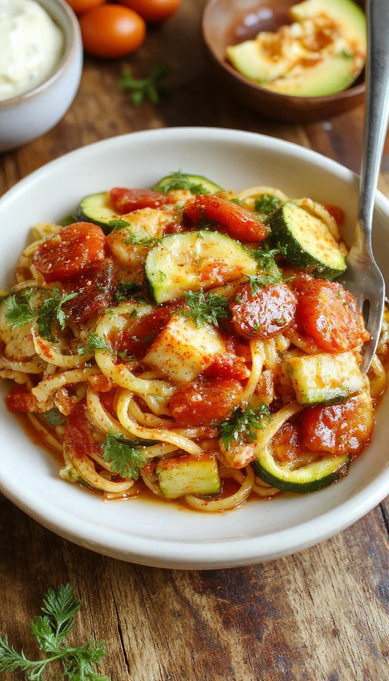 A vibrant plate of tomato zucchini pasta featuring spiralized zucchini noodles topped with chunky tomato sauce, fresh basil, and grated cheese. The dish is arranged on a white ceramic plate with a rustic wooden table background, highlighting the bright red tomatoes, green zucchini, and fresh herbs, with a sprinkle of cheese and a drizzle of olive oil providing a glossy finish.