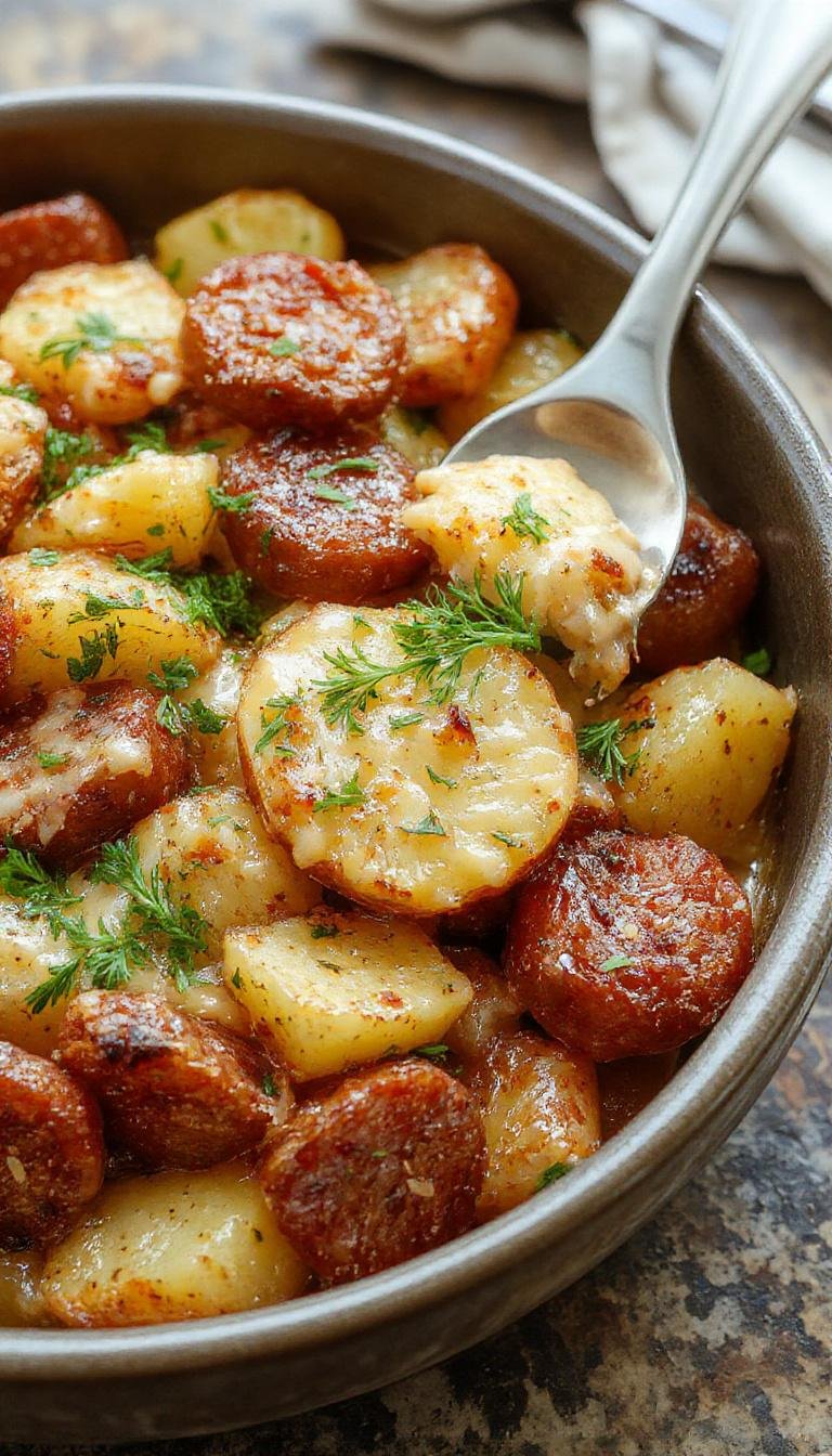 Plate showcasing golden-brown roasted potatoes topped with melted cheese, garnished with fresh herbs, alongside slices of smoked sausage with charred grill marks, all arranged on a rustic wooden platter with a side of creamy ranch sauce.