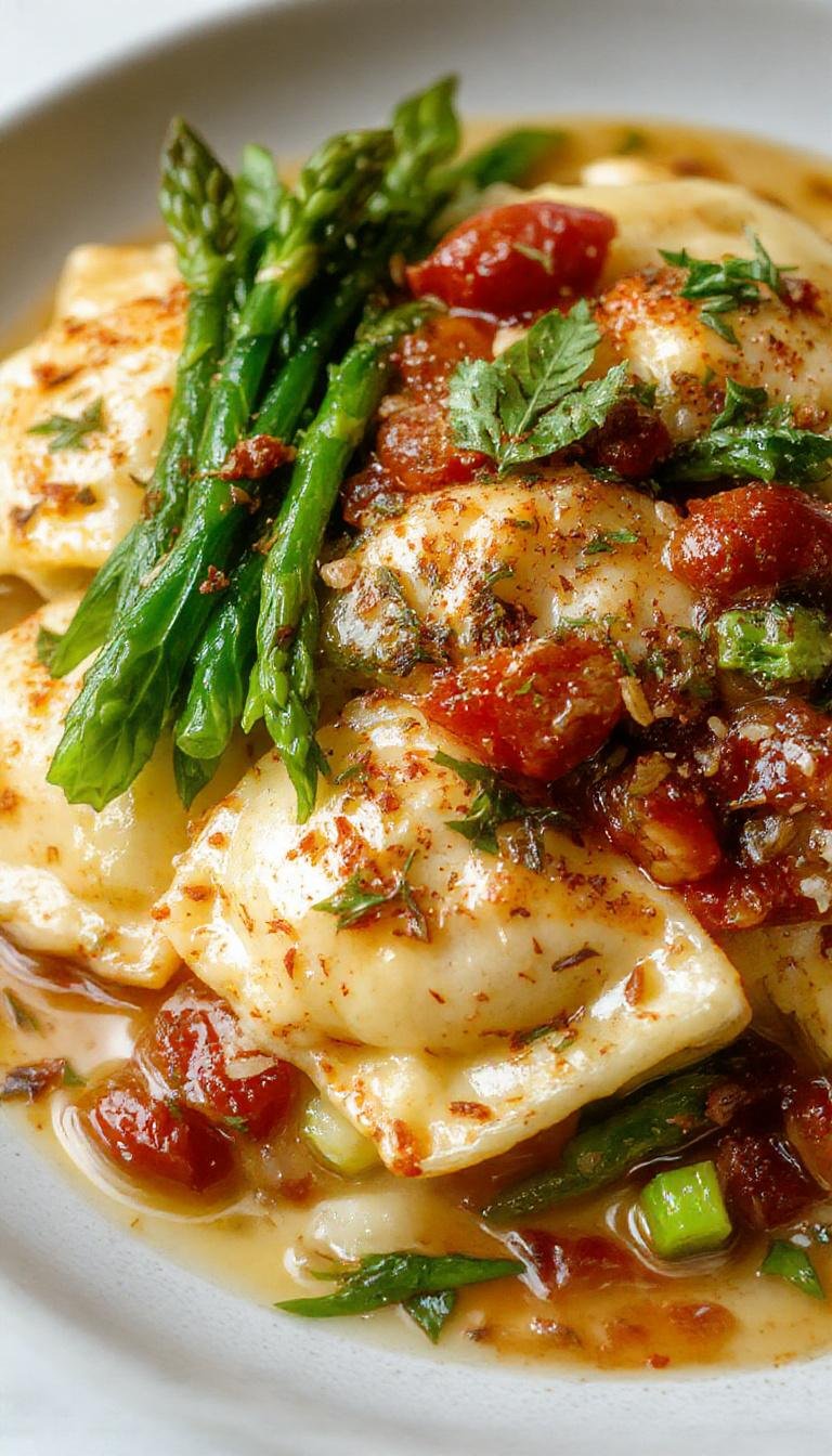 A close-up of a white ceramic plate filled with golden ravioli covered in a vibrant red tomato sauce, garnished with bright green asparagus spears and fresh herbs. The dish is arranged attractively, showcasing the plump ravioli and colorful vegetables, with a sprinkle of grated cheese on top and a scattering of chopped parsley.